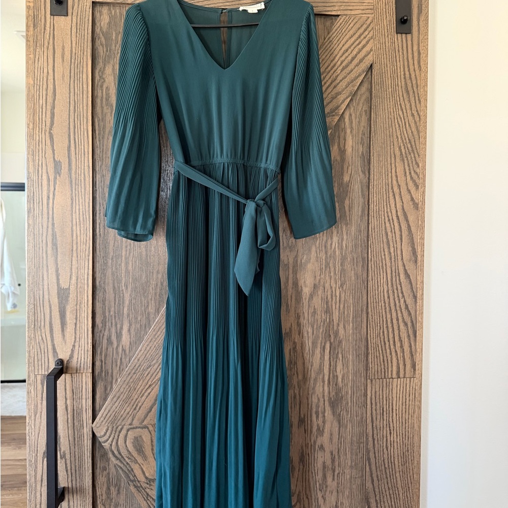 Women's Teal Long Sleeve Pleated Maxi Dress with Tie Waist